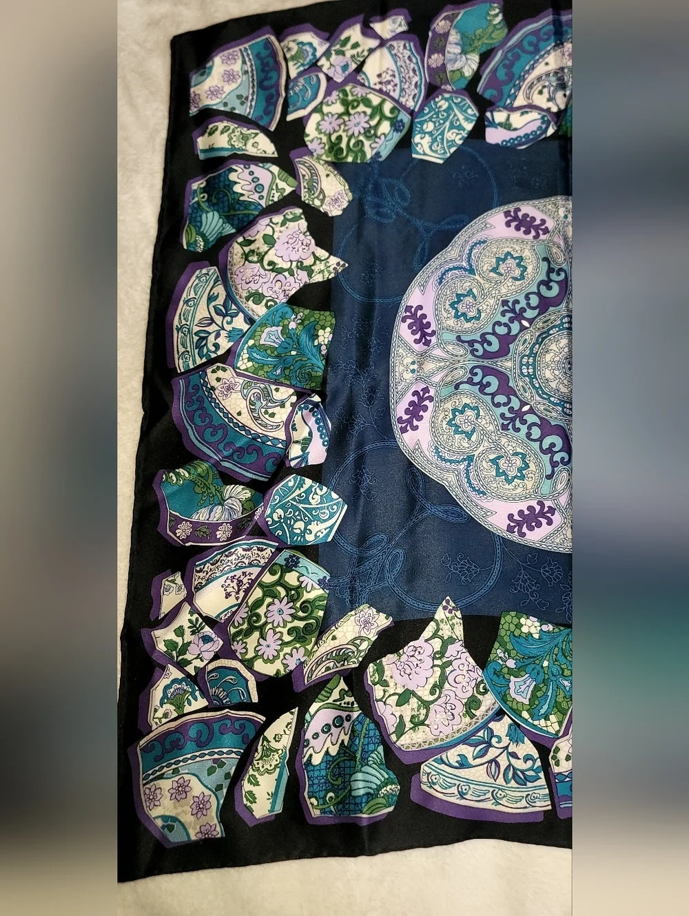 Vintage Chinese Pottery Print Blue Purple Hand Rolled Silk Scarf 26